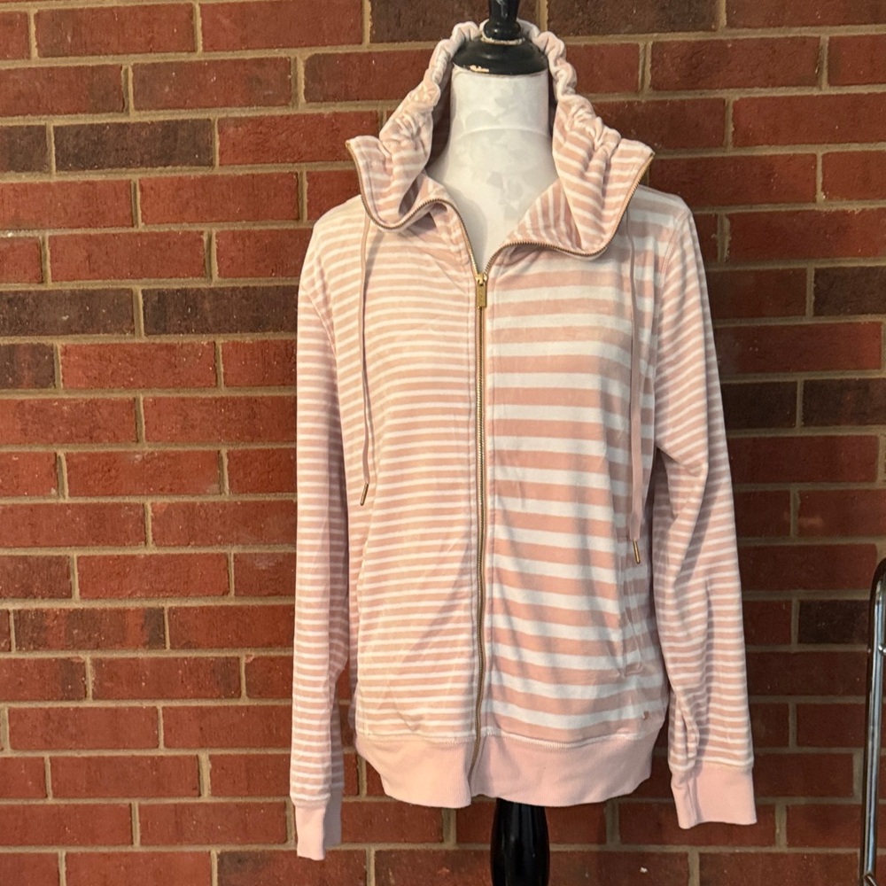 Calvin Klein Pink and White Mixed Striped Velour Zipper Jacket